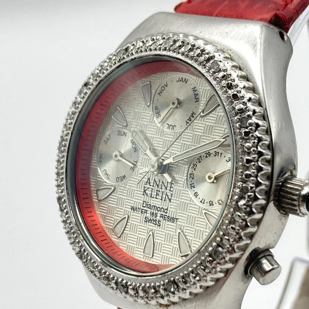 Anne Klein Diamond Women's Watch 32mm Silver Tone Swiss Month Red New Battery